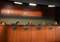 The Cupertino City Council, including Mayor Sheila Mohan, Vice Mayor J.R. Fruen, and Councilmembers Liang Chao, Hung Wei and Kitty Moore, sits at the dais on April 17.