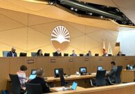 Sunnyvale City Council Chambers with all seven councilmembers sitting at their dais and city employees sitting in front