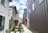 Stone walkway between slat-walled townhomes and slat-walled apartment building