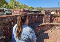 A seated woman with her back facing the camera.