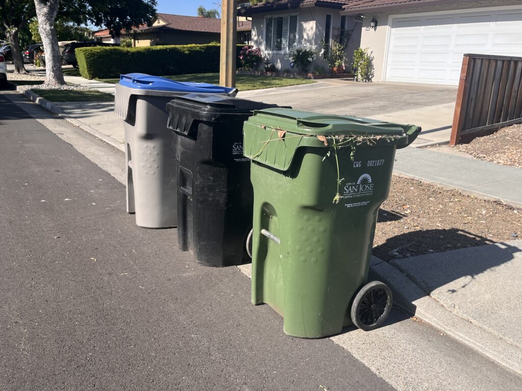Three garbage cans on the street in San Jose, California
