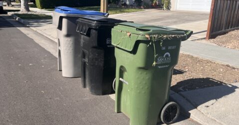 Three garbage cans on the street in San Jose, California