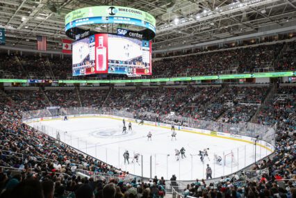Large hockey arena with fans watching players on the ice.