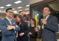 Composite photo of two people standing at two different events