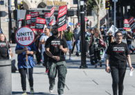 Hotel workers with Unite Here Local 19 march and picket Tuesday evening in Downtown San Jose for higher wages, staffing and benefits.