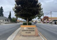 A neighborhood sign in the median of a street with a tree behind it in San Jose, California