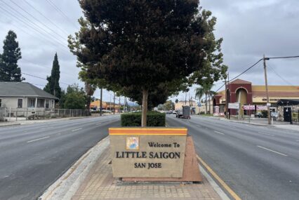 A neighborhood sign in the median of a street with a tree behind it in San Jose, California