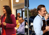 Composite of two photos, both centering the candidates