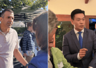 Split photo of Sam Liccardo and Evan Low, both at different campaign events