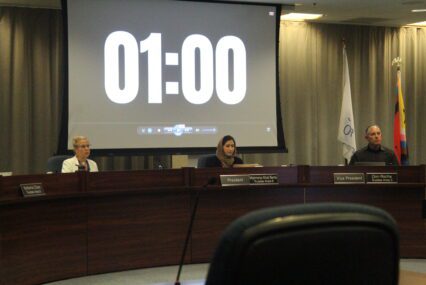 Santa Clara County Board of Education President Maimona Afzal Berta (center) among fellow trustees on Wednesday. Photo by Vicente Vera.