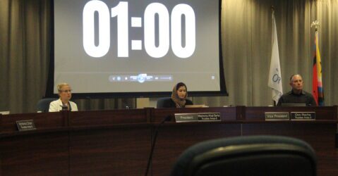 Santa Clara County Board of Education President Maimona Afzal Berta (center) among fellow trustees on Wednesday. Photo by Vicente Vera.