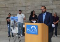 San Jose Councilmember Peter Ortiz (right) talks on Oct. 16 outside City Hall about proposing a study session for a 2026 Parks Funding Ballot Measure. Photo by Vicente Vera.