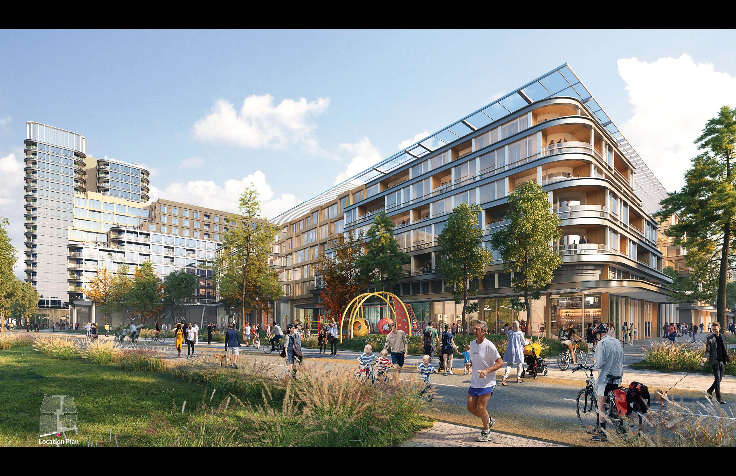 Architectural rendering of walkway with people biking and walking on it, going past a six story and 16 story floor building