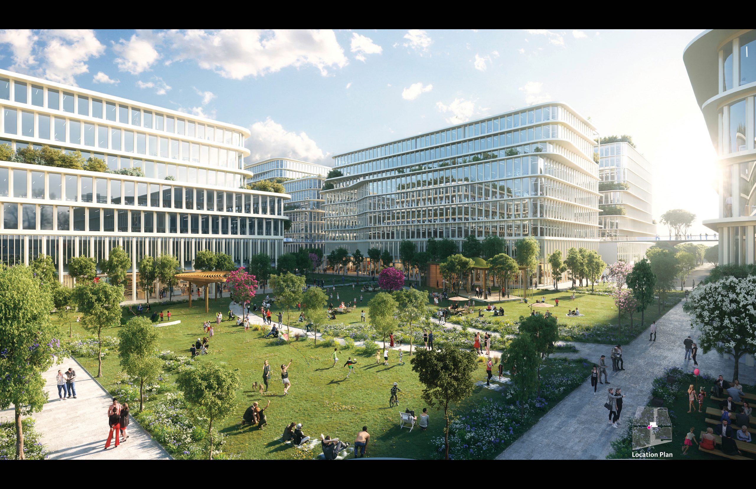 Architectural rendering of open grassy space with trees between multiple six and seven story buildings