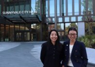 Two Asian women standing in front of the Sunnyvale City Hall