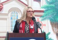 Alum Rock Santa Clara Street Business Association co-president Connie Alvarez shared in Wednesday’s celebration held in front of the Little Portugal mural in East San Jose. Photo by Vicente Vera.