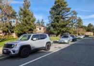 Cars parked along the side of a street in front of apartments