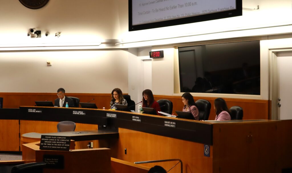 Santa Clara County Board Chambers with five supervisors seated, in order from left to right: Otto Lee, Sylvia Arenas, Susan Ellenberg, Betty Duong, Margaret Abe-Koga