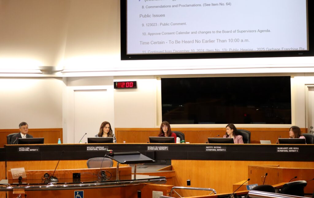 Santa Clara County Board Chambers with five supervisors seated, in order from left to right: Otto Lee, Sylvia Arenas, Susan Ellenberg, Betty Duong, Margaret Abe-Koga