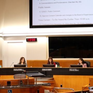 Santa Clara County Board of Supervisors Santa Clara County Board Chambers with five supervisors seated, in order from left to right: Otto Lee, Sylvia Arenas, Susan Ellenberg, Betty Duong, Margaret Abe-Koga
