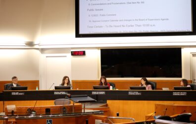 Santa Clara County Board Chambers with five supervisors seated, in order from left to right: Otto Lee, Sylvia Arenas, Susan Ellenberg, Betty Duong, Margaret Abe-Koga