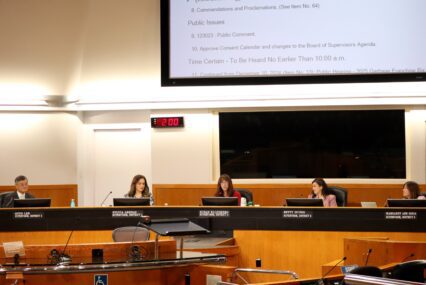 Santa Clara County Board Chambers with five supervisors seated, in order from left to right: Otto Lee, Sylvia Arenas, Susan Ellenberg, Betty Duong, Margaret Abe-Koga