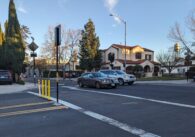 A suburban intersection with two lanes