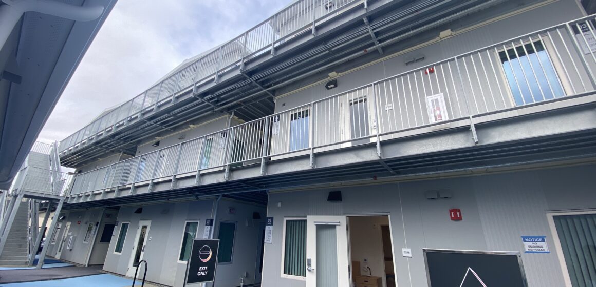 A three-story building that provides housing for homeless people in San Jose, California