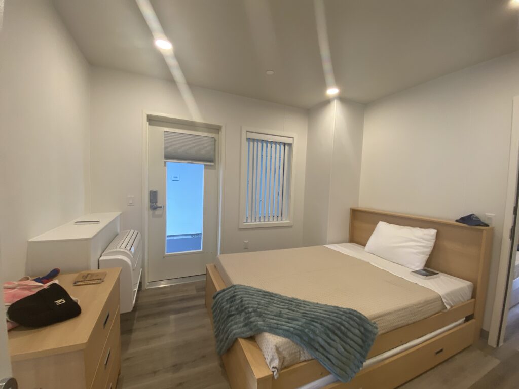 A bedroom in a modular housing complex for formerly homeless residents in San Jose, California