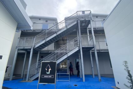 Stairs leading up to the higher levels of a modular housing site for homeless people in San Jose, California