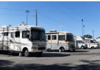 RV lined up in a parking lot.
