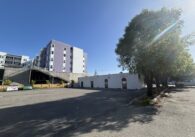 A set of trees overlooking a small building followed by a tall purple building during a sunny day.