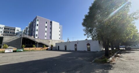 A set of trees overlooking a small building followed by a tall purple building during a sunny day.