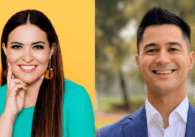 A split image of two local election candidates, with a woman on the left and a man on the right