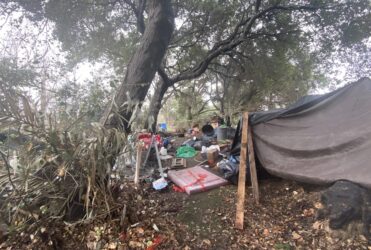 Homeless encampment San Jose Coyote Creek A makeshift tarp tent under a tree near a creek in San Jose, California