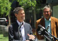 San Jose Mayor Matt Mahan at and Councilmember Carl Salas at Post Street during a bright day on May 20, 2025.