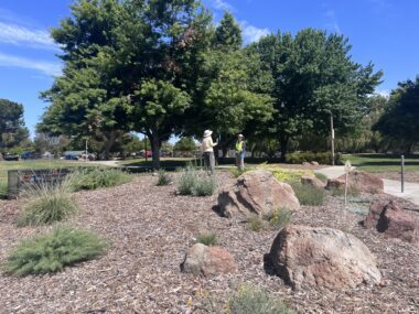 PARKS BUDGET Two people standing in a native garden at a park in San Jose, California
