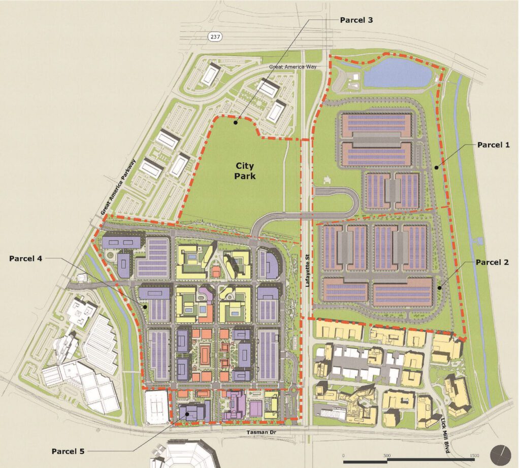 Digital graphic map of Related Santa Clara project, showing Lafayette Street cutting between Parcels 1 and 2, which will be light industrial, and Parcels 3, 4 and 5, which will be a city park, and the entertainment hub, respectively