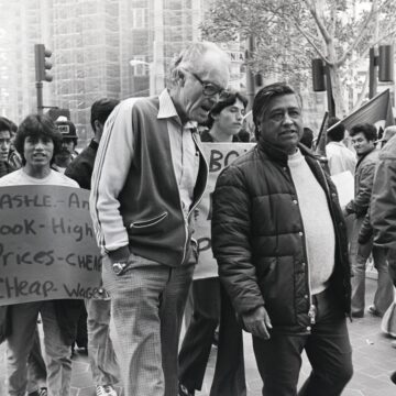 Fred Ross Sr and Cesar Chavez People walking in a protest march in a historic black and white photo