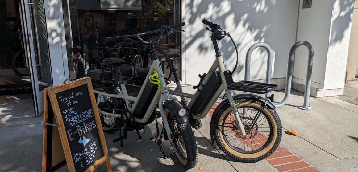 E-bikes on display outside a bike shop