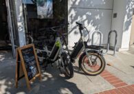 E-bikes on display outside a bike shop