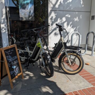 E-bikes on display outside a bike shop