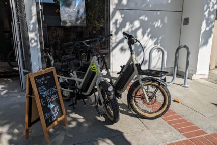 E-bikes on display outside a bike shop