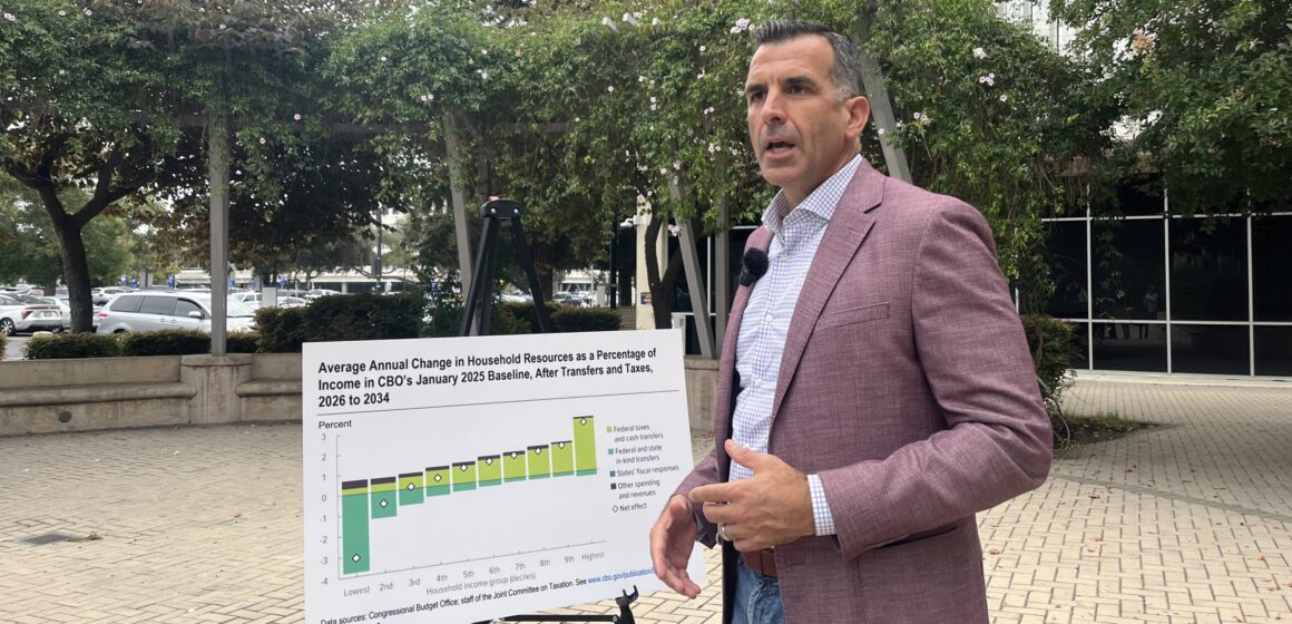 A U.S. congressman in a suit and tie speaks outside next to a chart about federal funding cuts