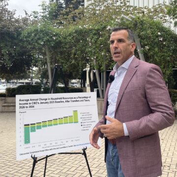 A U.S. congressman in a suit and tie speaks outside next to a chart about federal funding cuts