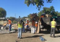 People in reflective vests throw trash from a homeless encampment into a dumpster