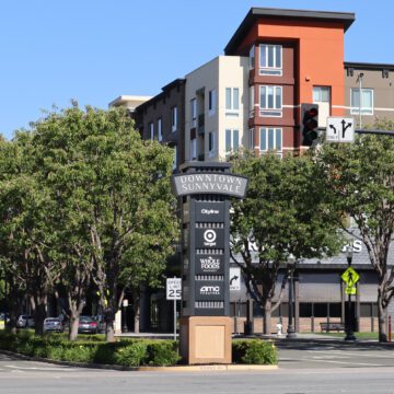 Photo of Mathilda Avenue with Downtown Sunnyvale sign centered, showing Cityline, Target, Wholefoods and the AMC theater logls