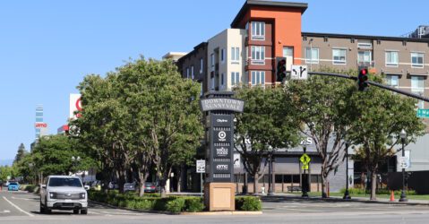 Photo of Mathilda Avenue with Downtown Sunnyvale sign centered, showing Cityline, Target, Wholefoods and the AMC theater logls