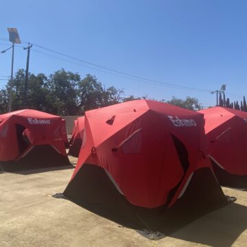 Tents at an outdoor safe sleeping site for homeless residents in San Jose, California