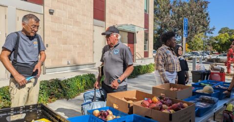 People stand behind tables with boxes of food, including onions and apples